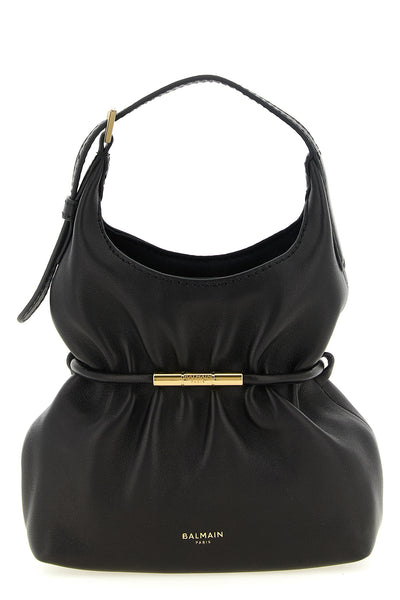 the balmain lambskin handbag redefines volumes through a sculptural and softly d