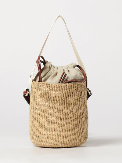 chloé woody mini raffia bucket bag with leather strap