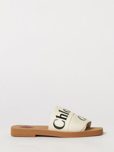 woody flat mule sandals chloé in canvas with logo print and square toe