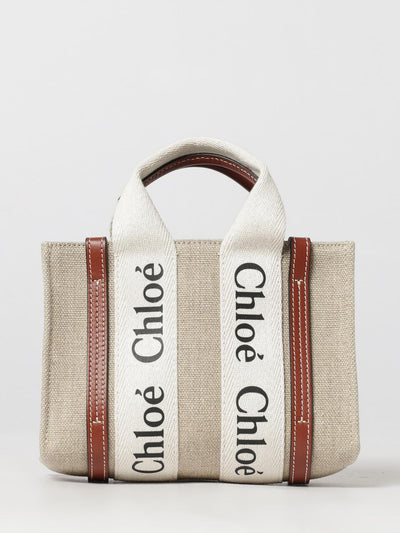 chloé woody mini linen and cotton tote bag with logo handles