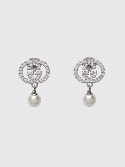 pendant earrings in brass with synthetic pearls and rhinestone gg logo