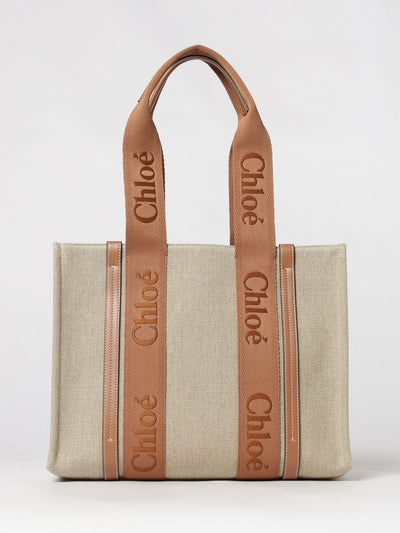 woody tote bag chloé in linen and cotton with jacquard logo