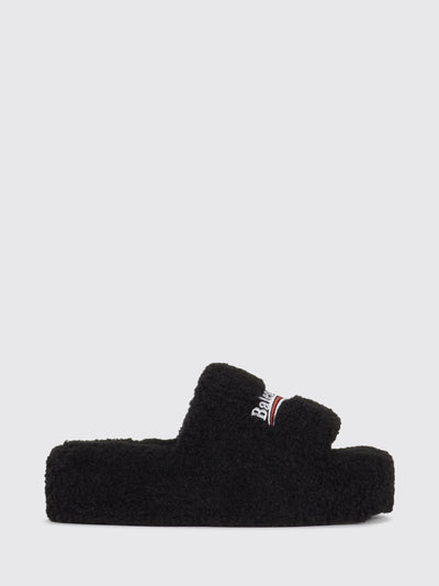 shearling wedge slide sandals with embroidered logo