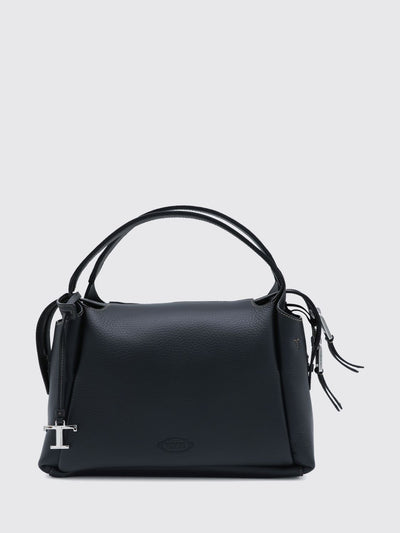 grained leather handbag with zip closure and logo charm