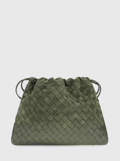 intrecciato woven calf leather bucket clutch with drawstring closure