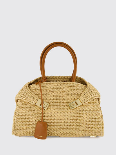 hug raffia and calfskin leather handbag with gancini clasp