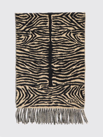 zebra print pure wool scarf with jacquard logo and fringed hem