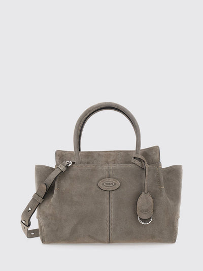 leather and suede handbag with double handle and logo charm