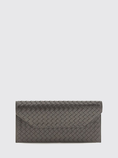 small intrecciato woven calfskin leather clutch with removable strap