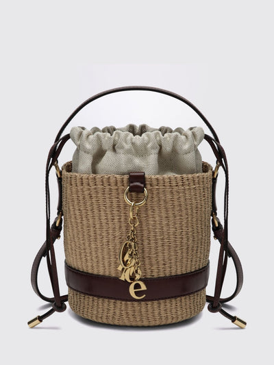 chloé raffia and calfskin leather mini bucket bag with metallic logo