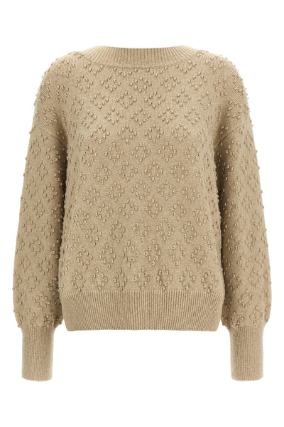 the agnona beige cashmere blend crew neck sweater stands out for its complex