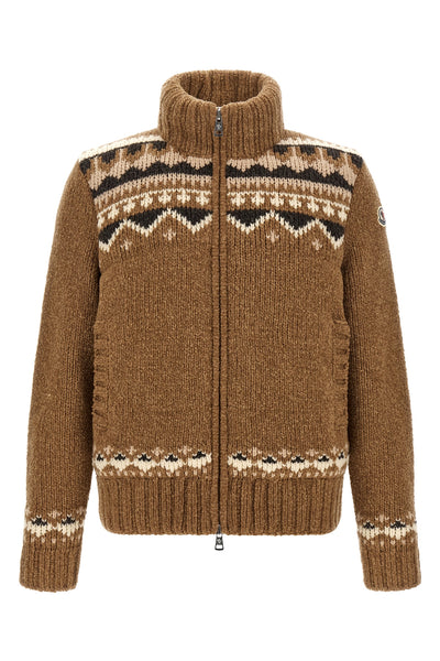the moncler feather-padded cardigan in brown bouclé virgin wool blend