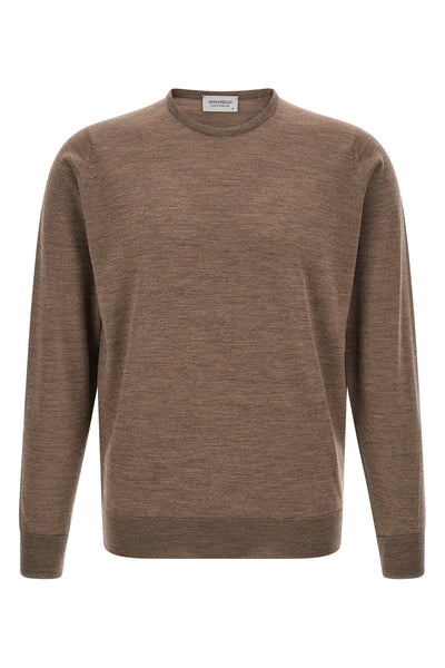 the john smedley marcus crew neck sweater in the sophisticated mushroom nuance
