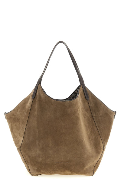 prince of wales patterned suede and wool reversible shopping bag