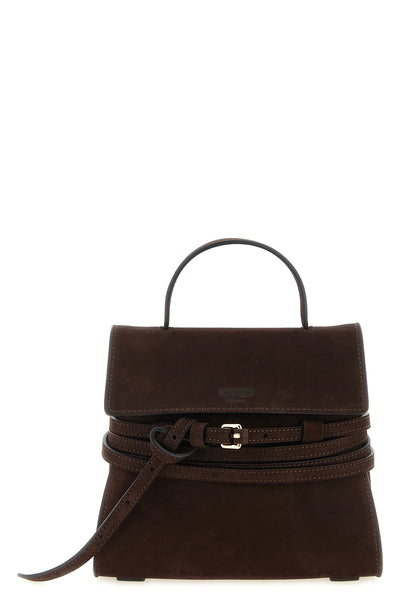 moschinos regular tie me handbag in fine dark brown calf nubuck defines a str