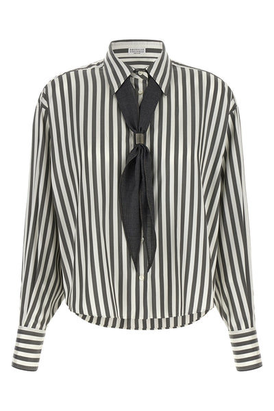 the brunello cucinelli silk poplin shirt stands out for a two-tone striped sarto