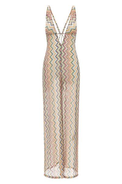 the missoni long jumpsuit is distinguished by a fluid silhouette