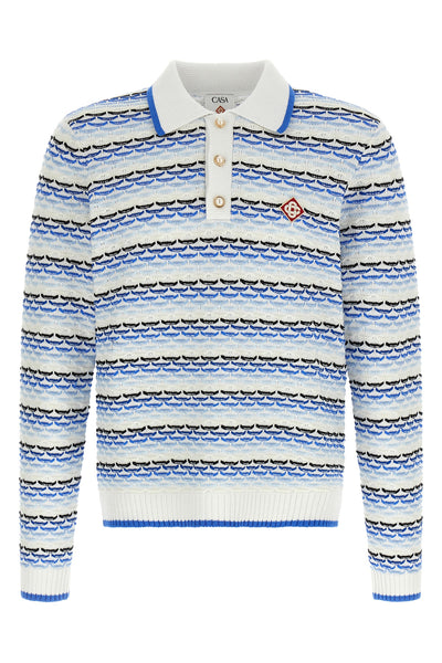 tuck stitch long sleeve cotton knit polo shirt