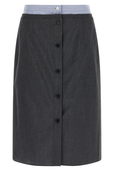 the prada midi skirt in a fine virgin wool and mohair blend is distinguished by