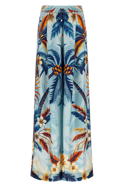 ecuba all-over palm bouquet print silk twill pants