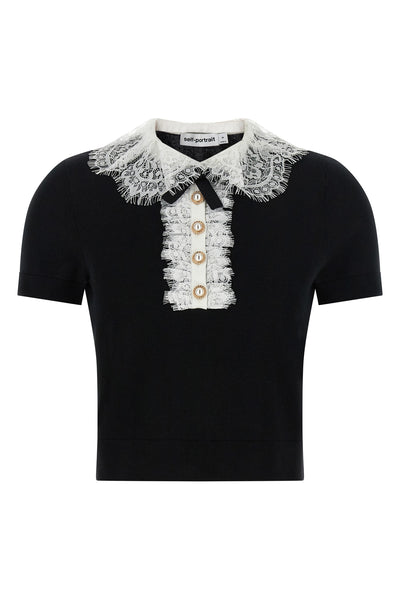 black knit lace collar slightly cropped stretch wool knit top