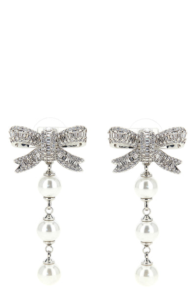 crystal bow pearl droplet bow-shaped earrings in silver-plated brass