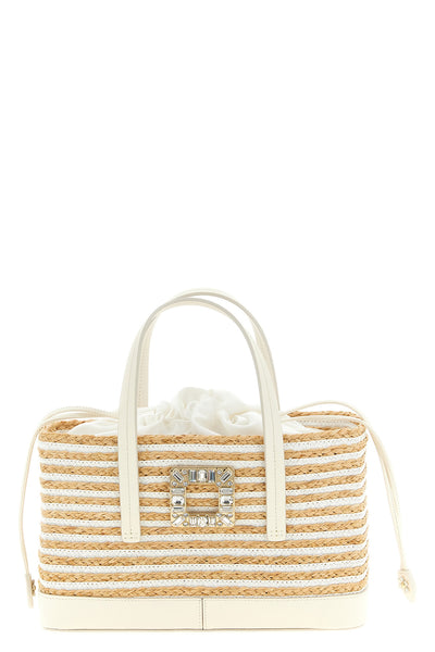 small viv skate shopping bag in woven raffia and striped grosgrain pattern