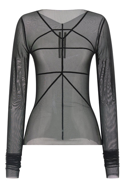 temple top semi-transparent stretch nylon tulle sweater