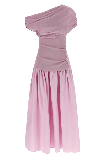 pink cotton draped knit midi off-the-shoulder dress