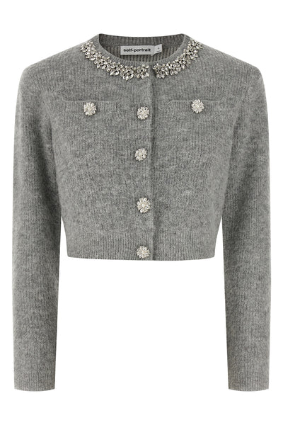 grey fluffy crystal trim cardigan in alpaca and wool blend