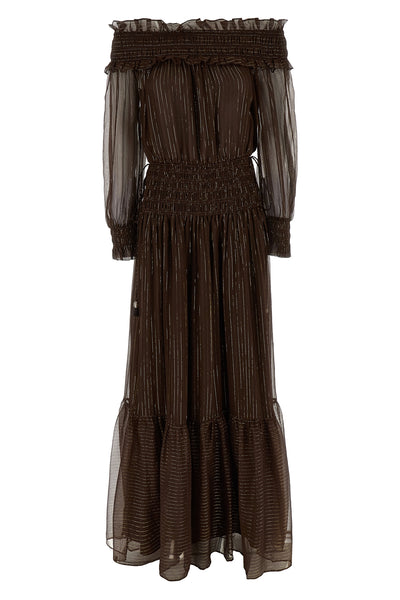 brown georgette off shoulder maxi dress in crinkled georgette