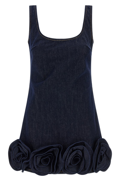 indigo denim 3d flower mini sleeveless dress in cotton denim