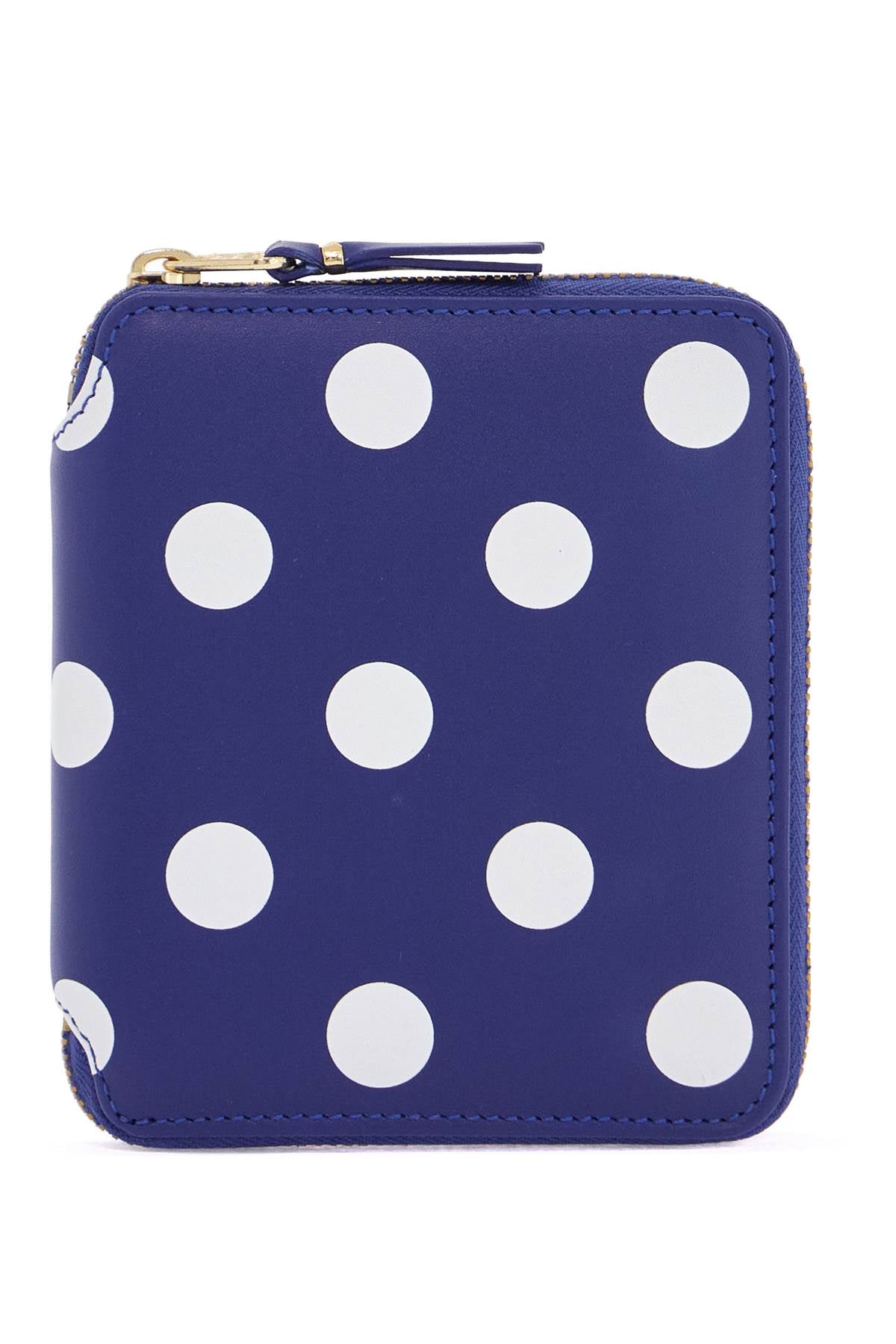 blue leather wallet with polka dots and zip