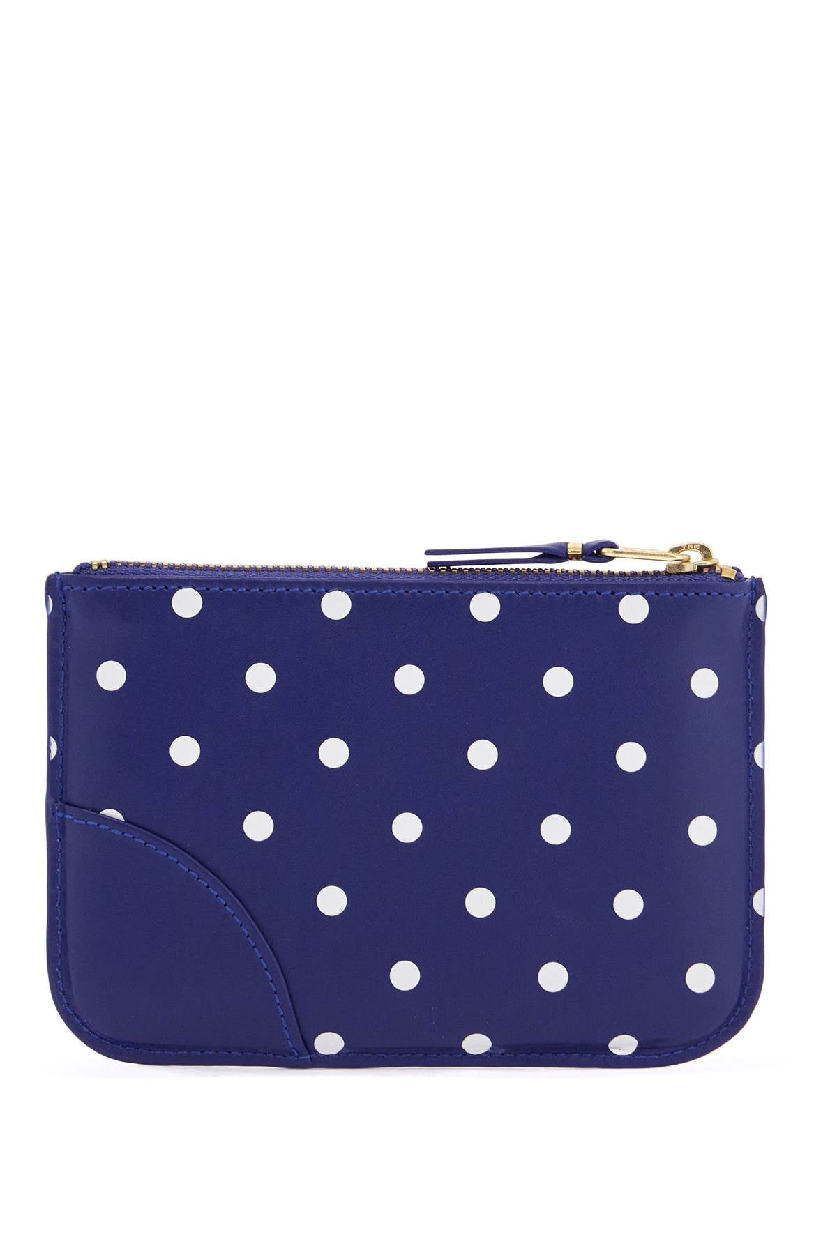 portafoglio in Pelle di vitello blu con pois bianchi e chiusura zip