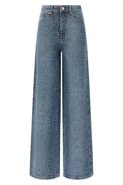 rhinestone croc effect cotton denim jeans