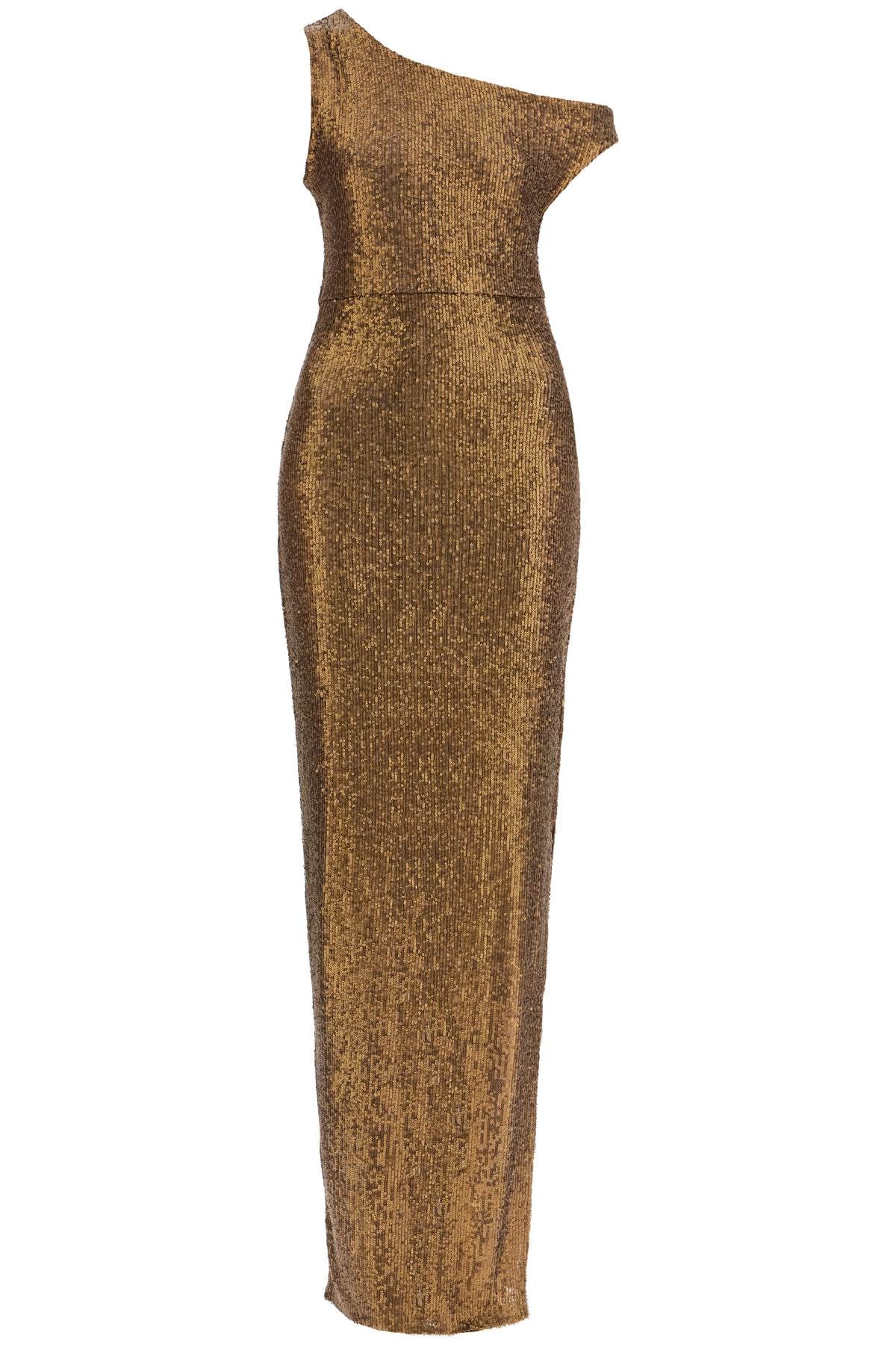 abito lungo monospalla con spacco bronzo scintillante