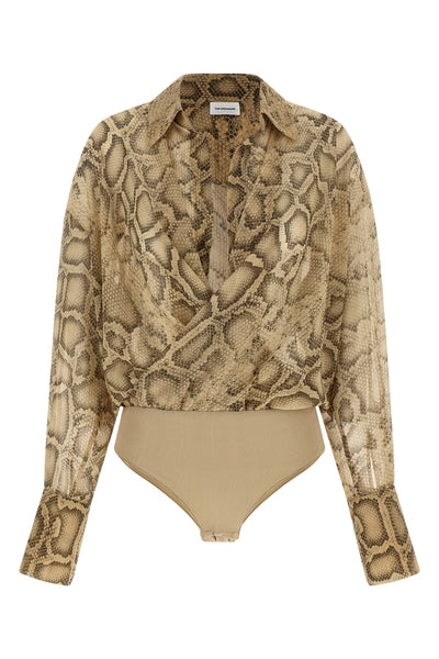 paloma bodysuit in semi-transparent python print fabric