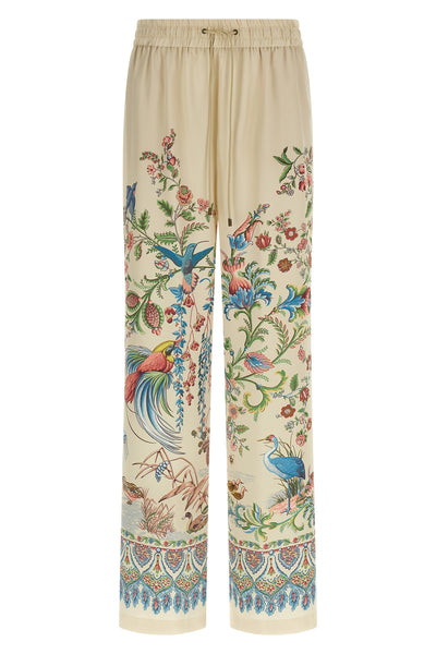 pants in fluid twill fabric print flora and natural fauna