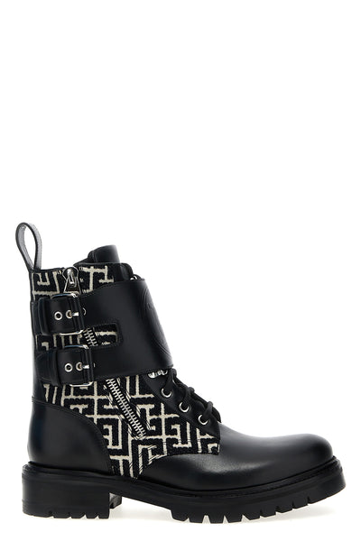 ranger leather and jacquard fabric ankle boots