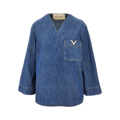 denim blouse with v gold detail