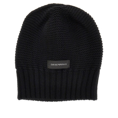 knitted beanie hat with logo label