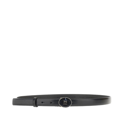 leather belt with enameled buckle