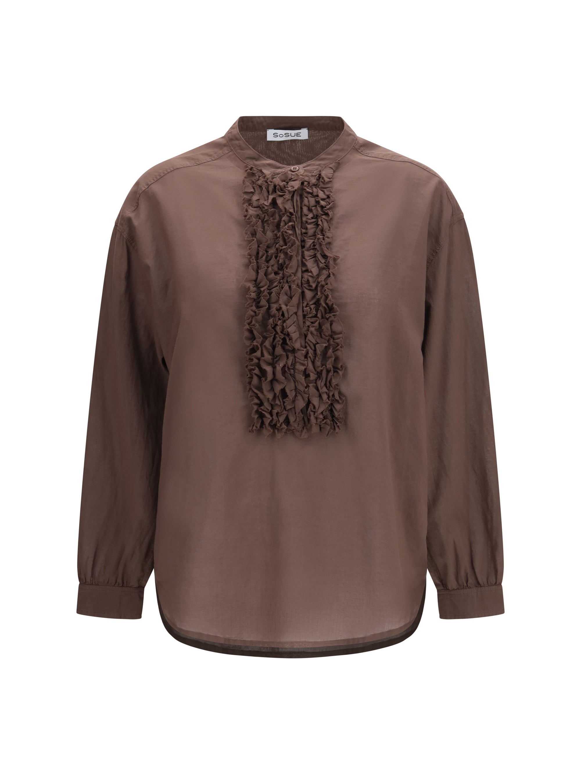brown ruffled shirt