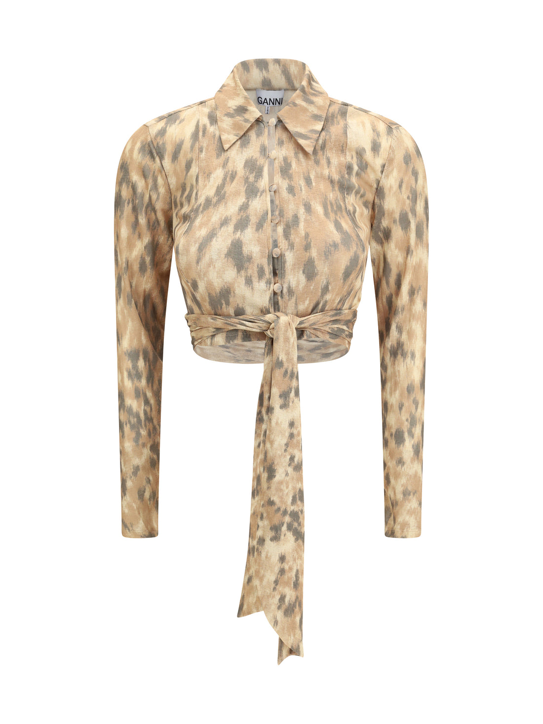 GANNI 36 printed marl mesh tie blouse