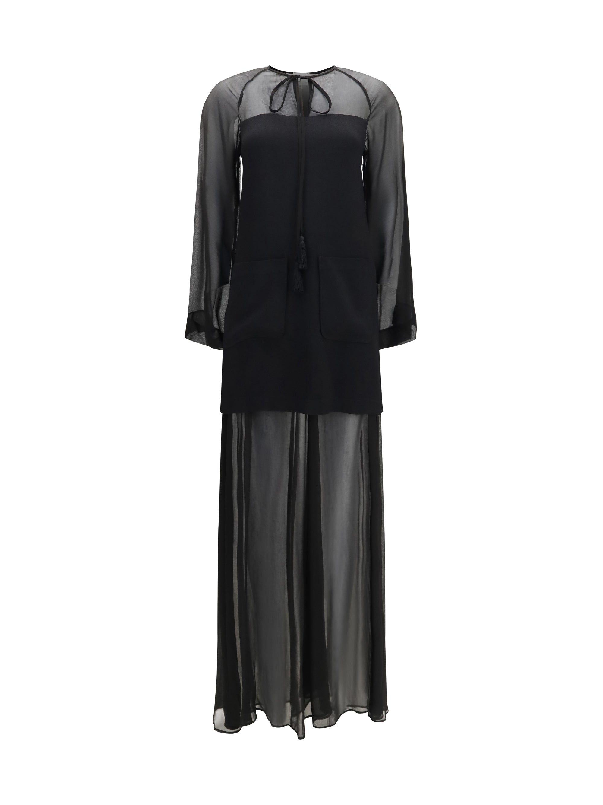 georgette and crêpe long dress with bow and tassels