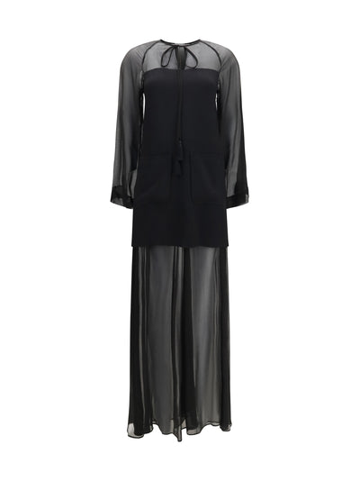 georgette and crêpe long dress with bow and tassels