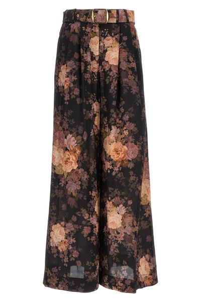 illustration tuck floral print silk pants