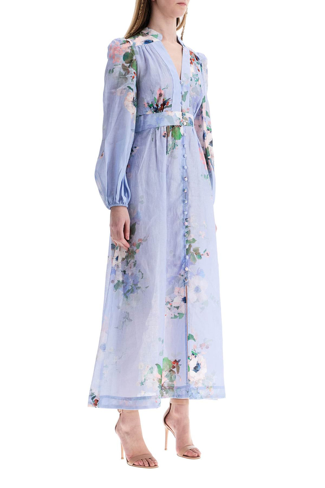 light blue watercolor floral midi dress with deep v neckline