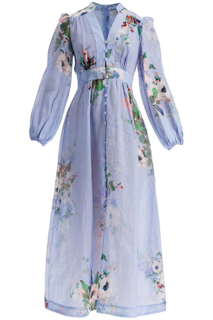 light blue watercolor floral midi dress with deep v neckline