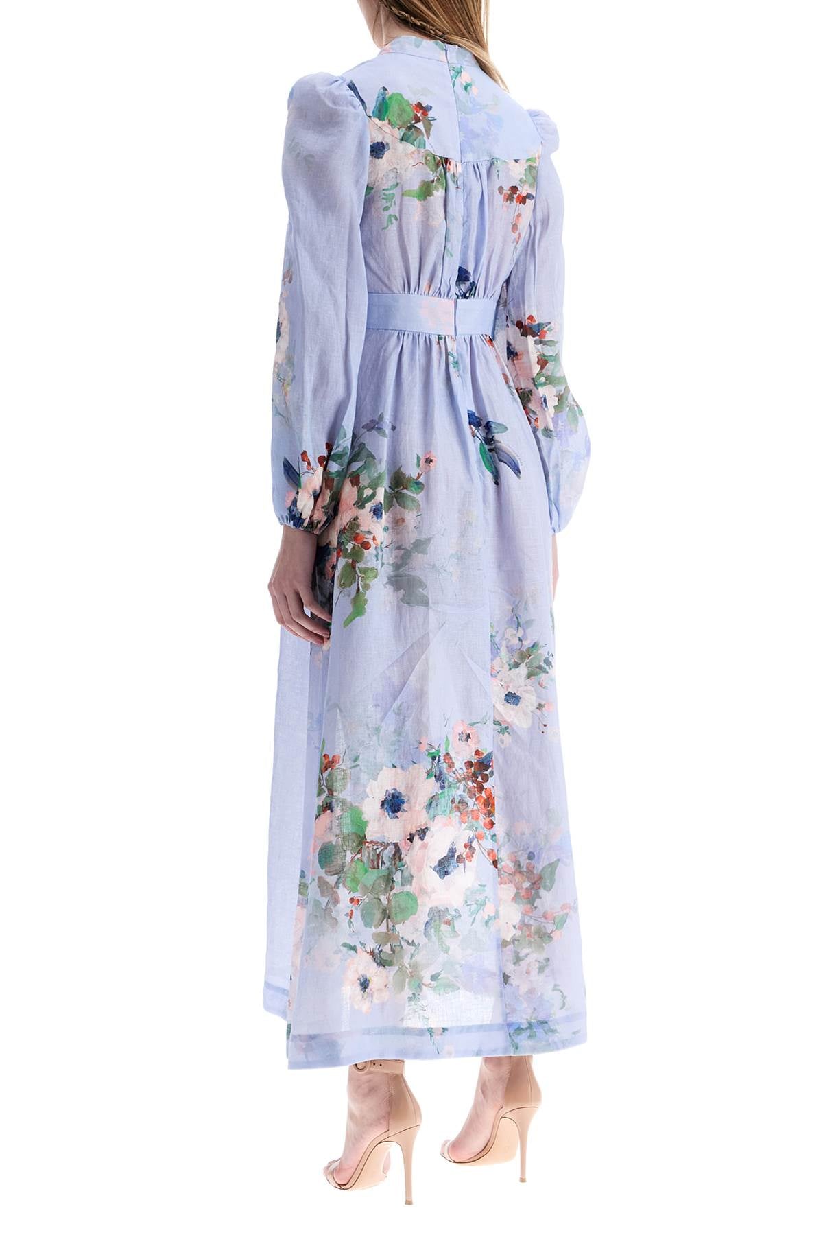 light blue watercolor floral midi dress with deep v neckline